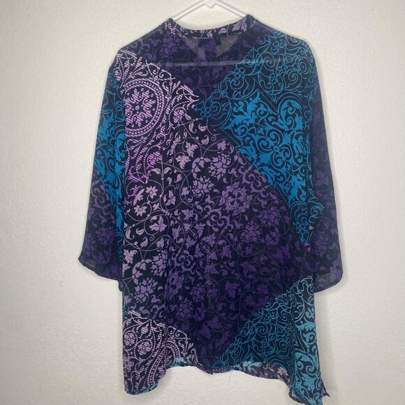 Maggie Barnes Womens 2X 22/24W Colorful Sheer Button-Up Tunic Top Black Base Wit - Picture 8 of 11